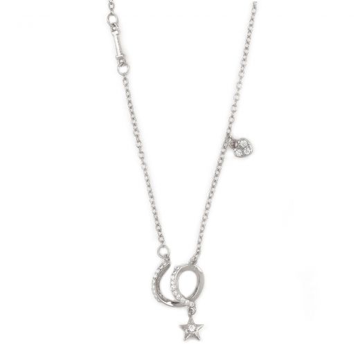 925 Sterling Silver necklace with white cubic zirconia, curved pattern heart and star