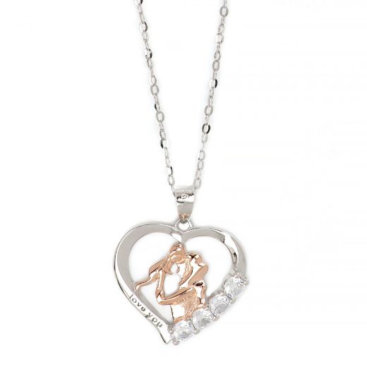 925 Sterling Silver two-tone necklace with woman and child with white cubic zirconia
