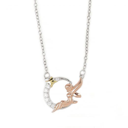 925 Sterling Silver tricolored necklace with fairy, star and moon with white cubic zirconia