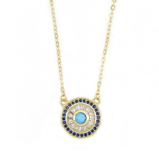 925 Sterling Silver gold plated necklace with blue cubic zirconia, crystals and evil eye.