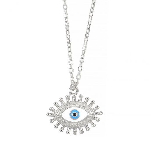 925 Sterling Silver rhodium plated necklace with blue cubic zirconia, crystals and evil eye.
