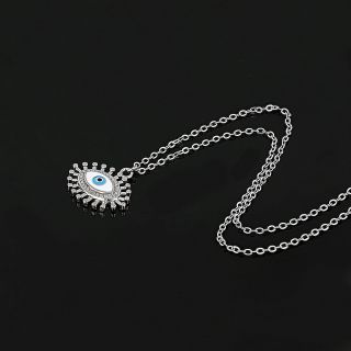 925 Sterling Silver rhodium plated necklace with blue cubic zirconia, crystals and evil eye. - 