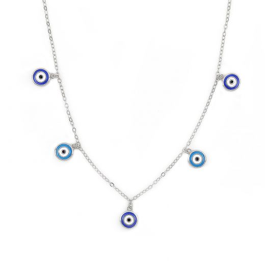 925 Sterling Silver rhodium plated necklace with light blue and blue evil eyes