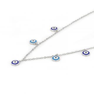 925 Sterling Silver rhodium plated necklace with light blue and blue evil eyes - 