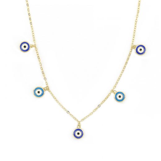925 Sterling Silver gold plated necklace with light blue and blue evil eyes