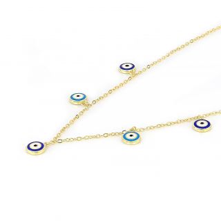925 Sterling Silver gold plated necklace with light blue and blue evil eyes - 