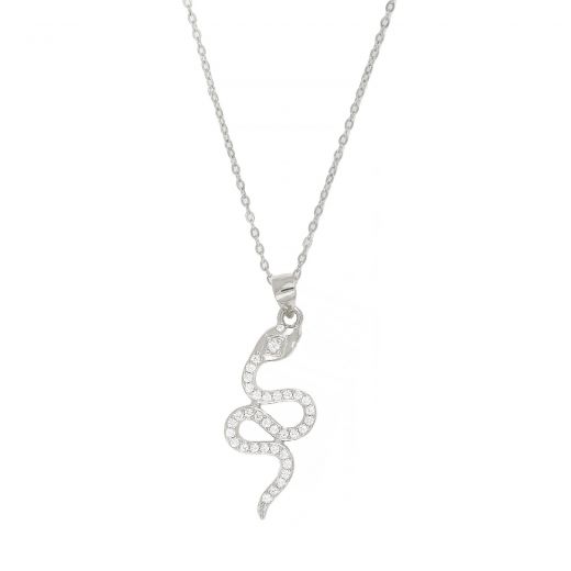 925 Sterling Silver rhodium plated necklace with white cubic zirconia and "SNAKE"