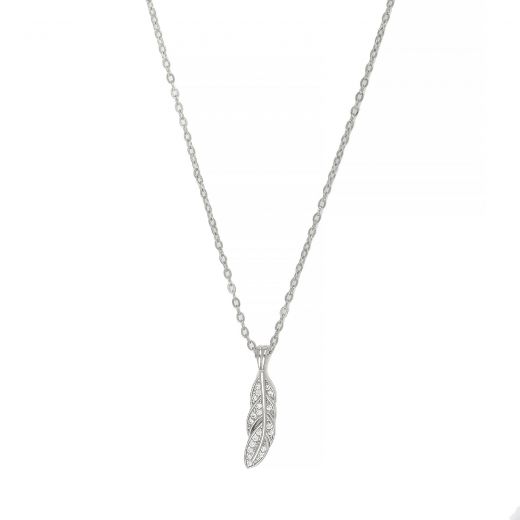 925 Sterling Silver rhodium plated necklace with feather and white cubic zirconia