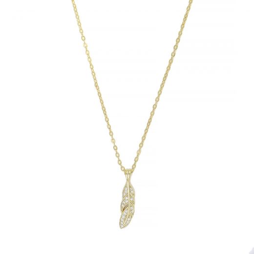 925 Sterling Silver gold plated necklace with feather and white cubic zirconia