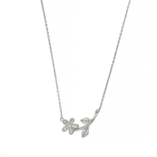 925 Sterling Silver rhodium plated necklace with flower and white cubic zirconia