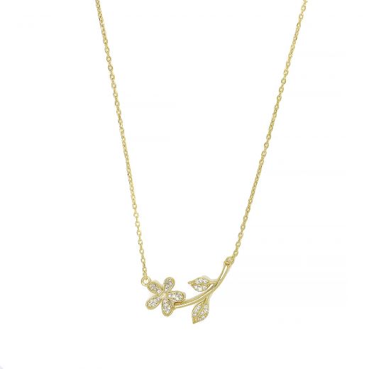 925 Sterling Silver gold plated necklace with flower and white cubic zirconia