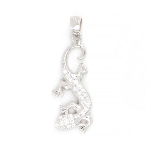 925 Sterling Silver rhodium plated pendant with white cubic zirconia and iguana design