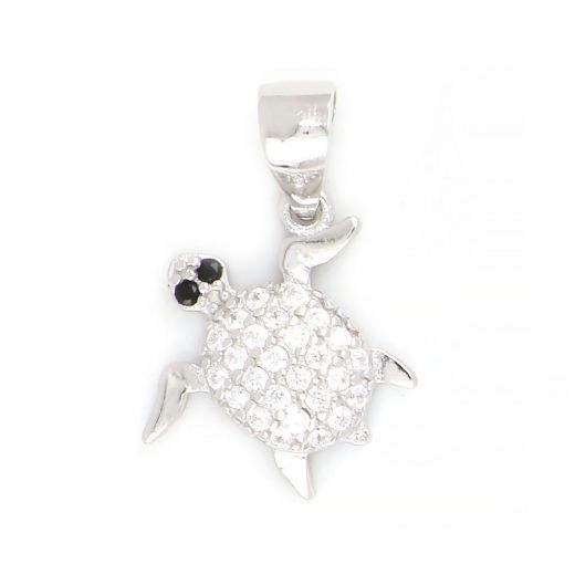 925 Sterling Silver rhodium plated pendant with white cubic zirconia and turtle design