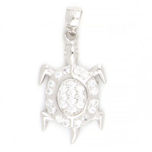 925 Sterling Silver rhodium plated pendant with white cubic zirconia and turtle design 24x11mm