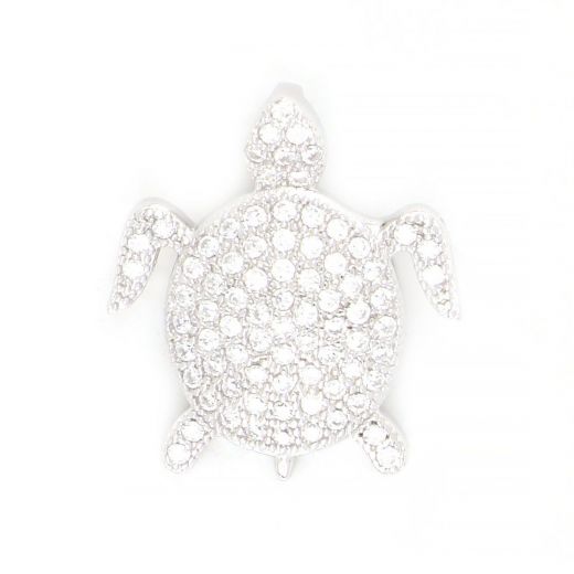 925 Sterling Silver rhodium plated pendant with white cubic zirconia and turtle design 18x16mm