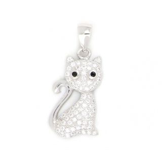 925 Sterling Silver rhodium plated pendant with white cubic zirconia and cat design 925 Sterling Silver rhodium plated pendant with white cubic zirconia and cat design