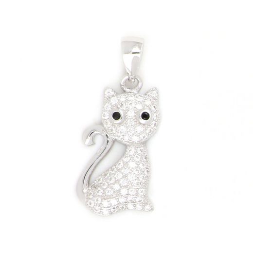 925 Sterling Silver rhodium plated pendant with white cubic zirconia and cat design