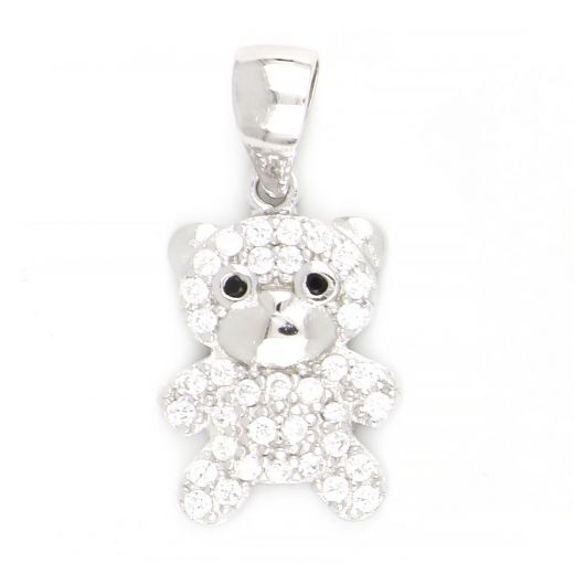 925 Sterling Silver rhodium plated pendant with white cubic zirconia and bear design