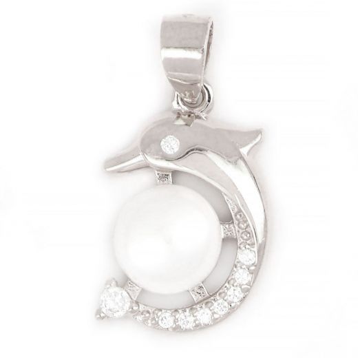 925 Sterling Silver rhodium plated pendant with white cubic zirconia and dolphin design 22x11mm