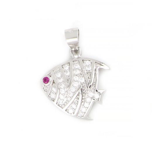 925 Sterling Silver rhodium plated pendant with white cubic zirconia and fish design 21x16mm