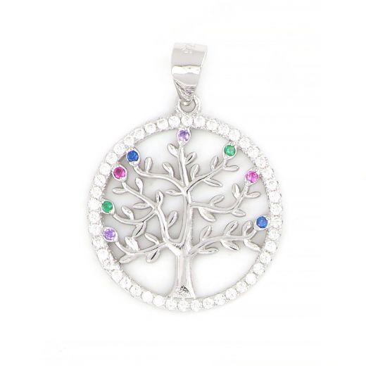 925 Sterling Silver rhodium plated pendant with mulicolored and white cubic zirconia