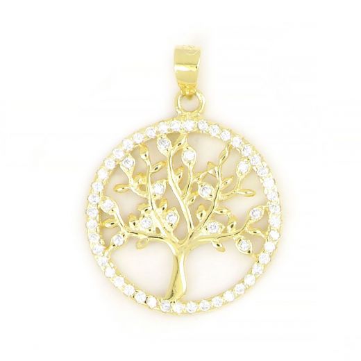 925 Sterling Silver gold plated pendant with tree of life and white cubic zirconia