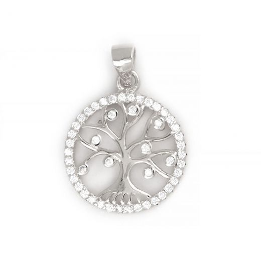 925 Sterling Silver rhodium plated pendant with white cubic zirconia, tree of life with dimension 22x15mm