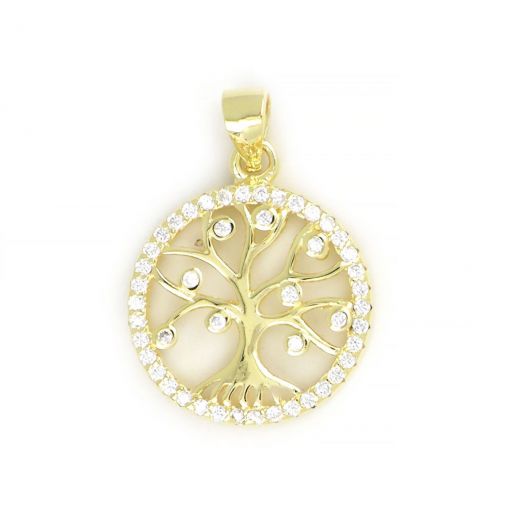 925 Sterling Silver gold plated pendant with tree of life design and white cubic zirconia 22x15mm