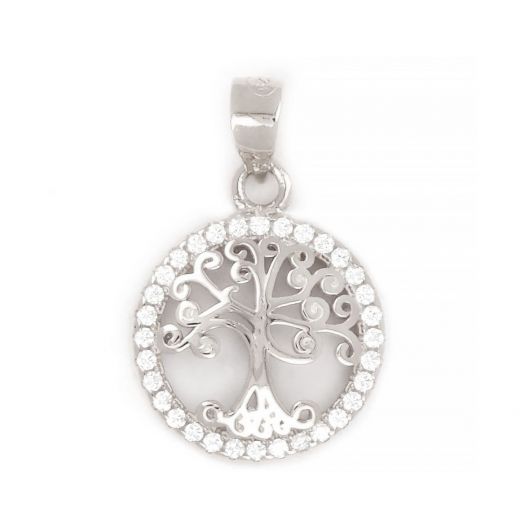 925 Sterling Silver rhodium plated pendant with white cubic zirconia and tree of life 20x13mm