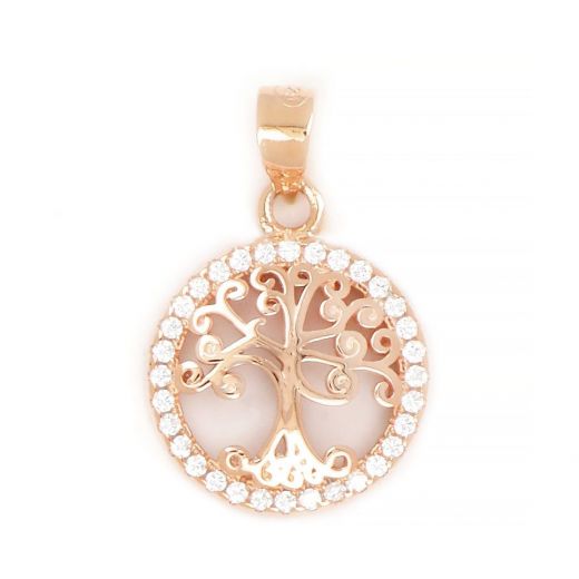 925 Sterling Silver rose gold plated pendant with white cubic zirconia and tree of life 20x13mm