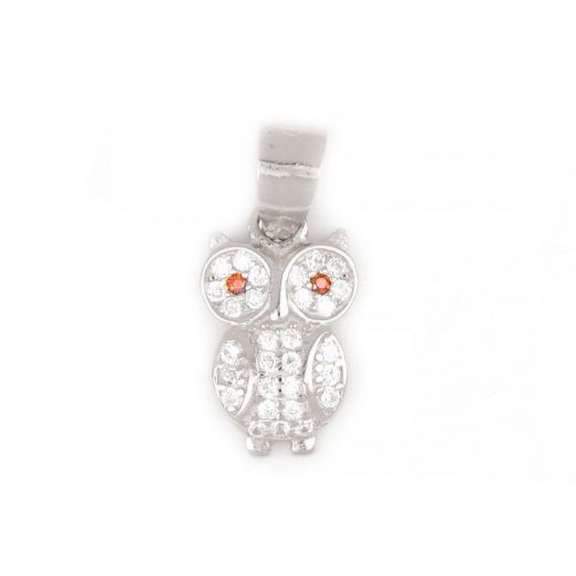 925 Sterling Silver rhodium plated pendant with owl design and white cubic zirconia