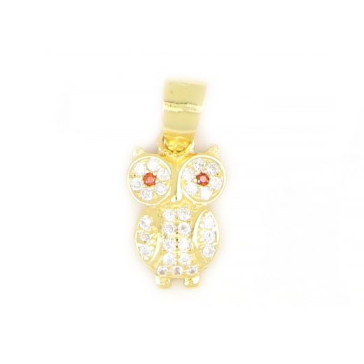 925 Sterling Silver gold plated pendant with owl design and white cubic zirconia