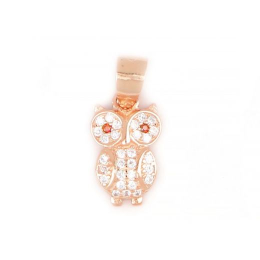 925 Sterling Silver rose gold plated pendant with owl design and white cubic zirconia