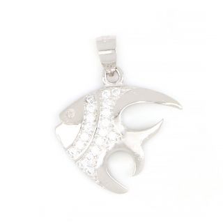925 Sterling Silver rhodium plated pendant with white cubic zirconia and fish design 925 Sterling Silver rhodium plated pendant with white cubic zirconia and fish design