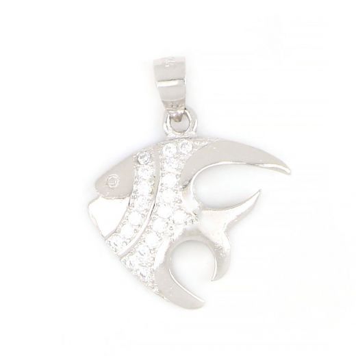 925 Sterling Silver rhodium plated pendant with white cubic zirconia and fish design