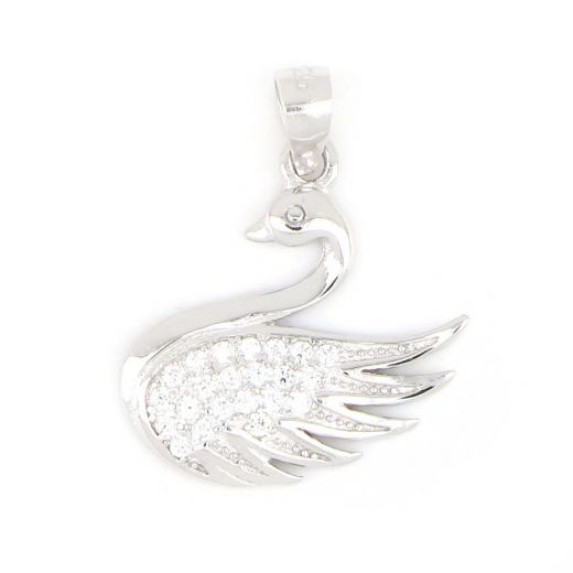 925 Sterling Silver rhodium plated pendant with white cubic zirconia and swan design