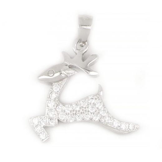 925 Sterling Silver rhodium plated pendant with white cubic zirconia and deer design