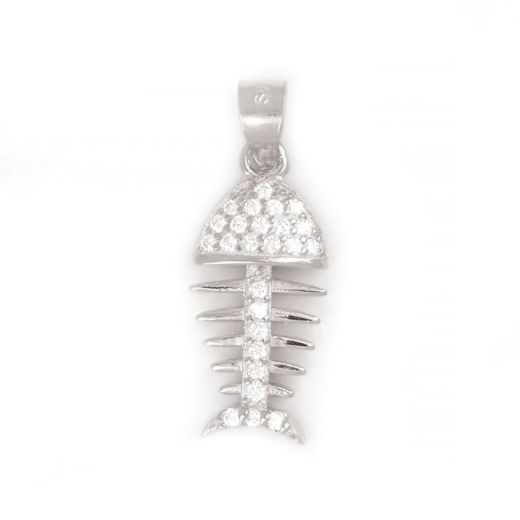 925 Sterling Silver rhodium plated pendant with fishbone design and white cubic zirconia