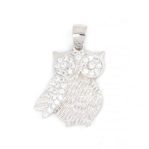 925 Sterling Silver rhodium plated pendant and owl design with white cubic zirconia