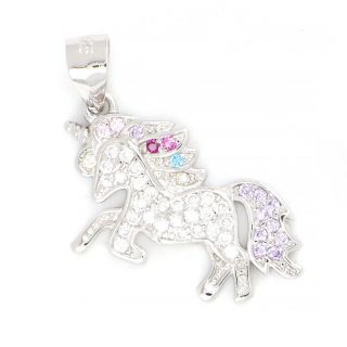 925 Sterling Silver rhodium plated pendant with white and multicolored cubic zirconia in unicorn design 925 Sterling Silver rhodium plated pendant with white and multicolored cubic zirconia in unicorn design