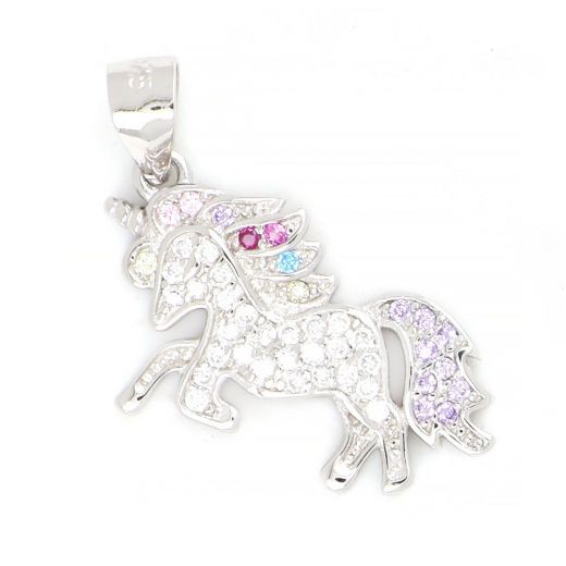 925 Sterling Silver rhodium plated pendant with white and multicolored cubic zirconia in unicorn design