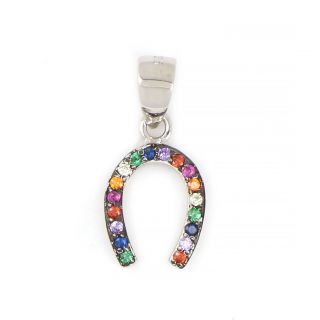 925 Sterling Silver rhodium plated pendant with lucky horseshoe design with multicolored cubic zirconia 925 Sterling Silver rhodium plated pendant with lucky horseshoe design with multicolored cubic zirconia