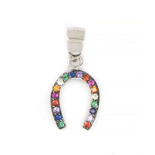 925 Sterling Silver rhodium plated pendant with lucky horseshoe design with multicolored cubic zirconia