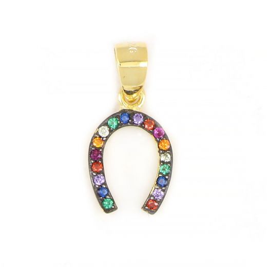 925 Sterling Silver gold plated pendant with lucky horseshoe design with multicolored cubic zirconia 18x8mm