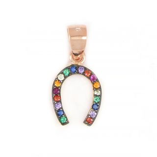925 Sterling Silver rose gold plated pendant with lucky horseshoe design with multicolored cubic zirconia 925 Sterling Silver rose gold plated pendant with lucky horseshoe design with multicolored cubic zirconia