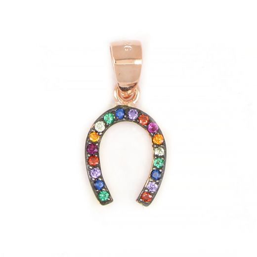 925 Sterling Silver rose gold plated pendant with lucky horseshoe design with multicolored cubic zirconia