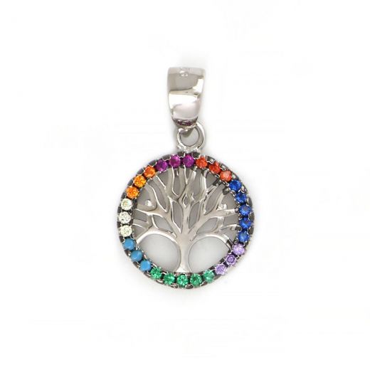 925 Sterling Silver rhodium plated pendant with tree of life and multicolored cubic zirconia