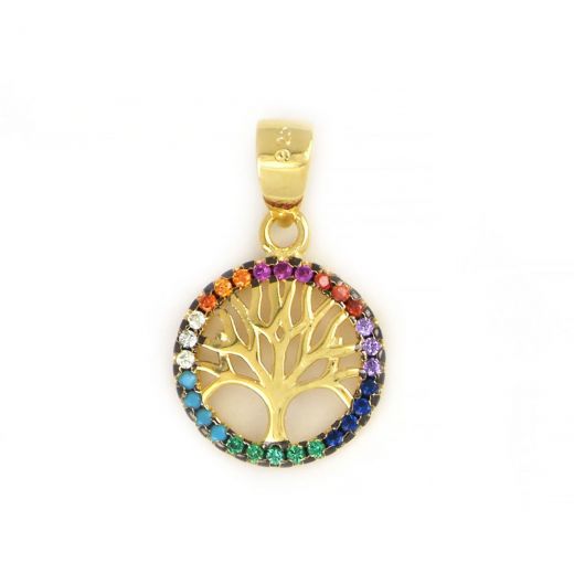 925 Sterling Silver gold plated pendant with tree of life and beautiful multicolored cubic zirconia