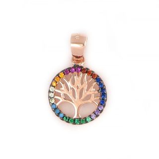 925 Sterling Silver rose gold plated pendant with tree of life and multicolored cubic zirconia 925 Sterling Silver rose gold plated pendant with tree of life and multicolored cubic zirconia