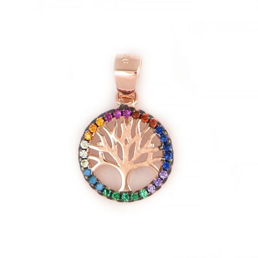 925 Sterling Silver rose gold plated pendant with tree of life and multicolored cubic zirconia